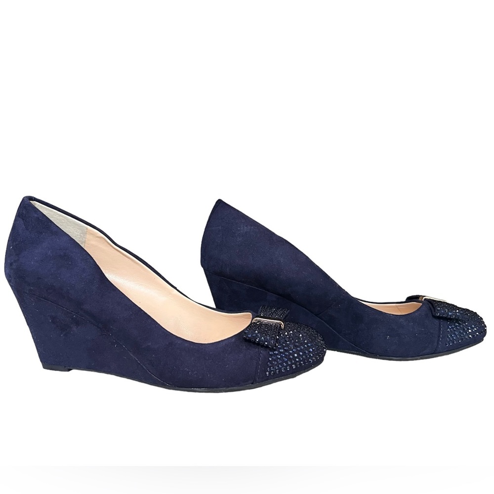 Jessica Simpson Sammi Navy Suede Embellished Bow Wedge Pumps Size 6